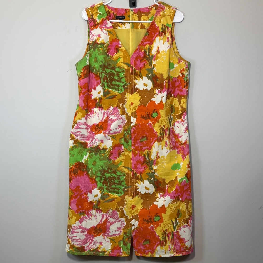 Talbots Floral Sheath Sun Dress Womens 14 Yellow Sleeveless V-Neck Cotton Garden